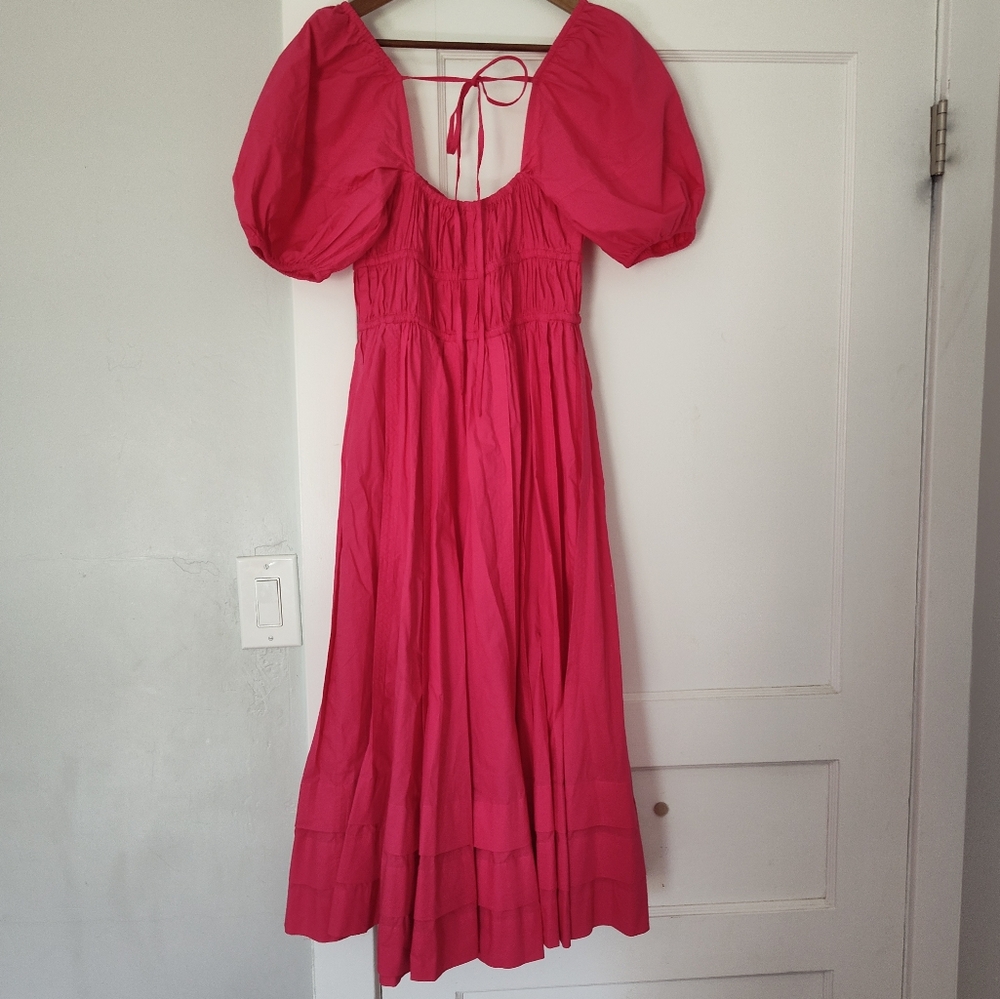 Ulla Johnson Palma Vibrant Barbie Pink Peasant Cotton Puff Sleeve Midi Dress - Picture 5 of 16